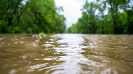 Fototapeta premium climate change typhoon and rainfall. Flooded river with lush greenery nearby