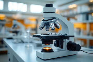 a modern microscope set up on a lab bench in a bright and clean science room.
