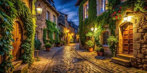 Dimly lit cobblestones lead through a charming European village, bathed in twilight hues.