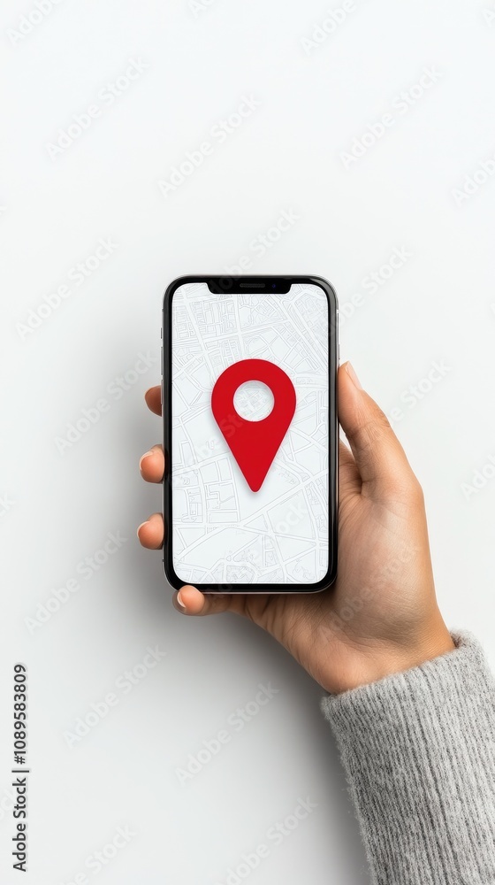 Aufkleber holding a mobile phone displaying a map with a red location marker icon and space for text ready for