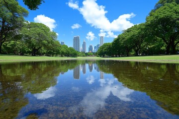 Fototapeta premium Bangkok futuristic high-rises reflected in the river paired with Ayutthaya timeless pagodas surrounded by greenery