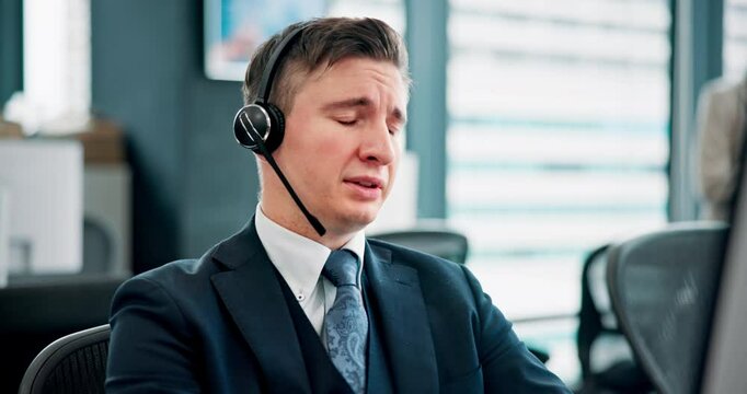Man, explain and headset with computer at call centre of customer service, account advice and feedback. Male advisor, mic and telemarketing for technical support, faq guide and crm solution in Japan
