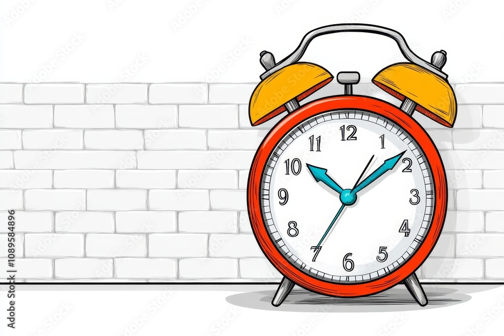 Poster clock alarm drawn in 2d with bright, bold colors, showing a classic bell design on a white backgroun