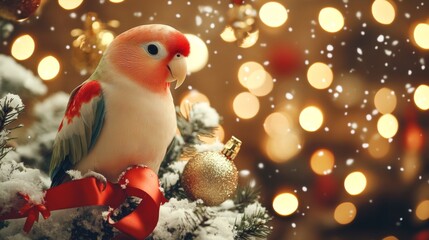 A Rosy Faced Lovebird Perched On A Snowy Christmas Tree