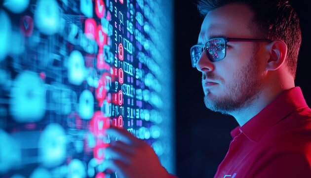 A business professional managing secure online systems, with holographic visuals of padlocks and data flow networks illuminating the scene.