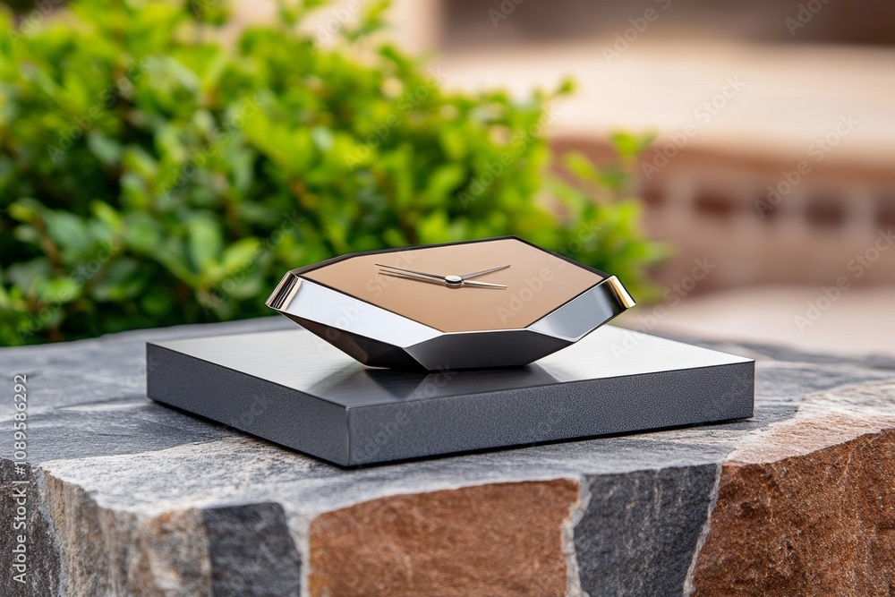 Poster clock alarm with a futuristic holographic display, floating above a sleek metal base