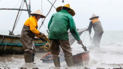 Fototapeta premium climate change typhoon and rainfall. Fishermen working on a rainy day