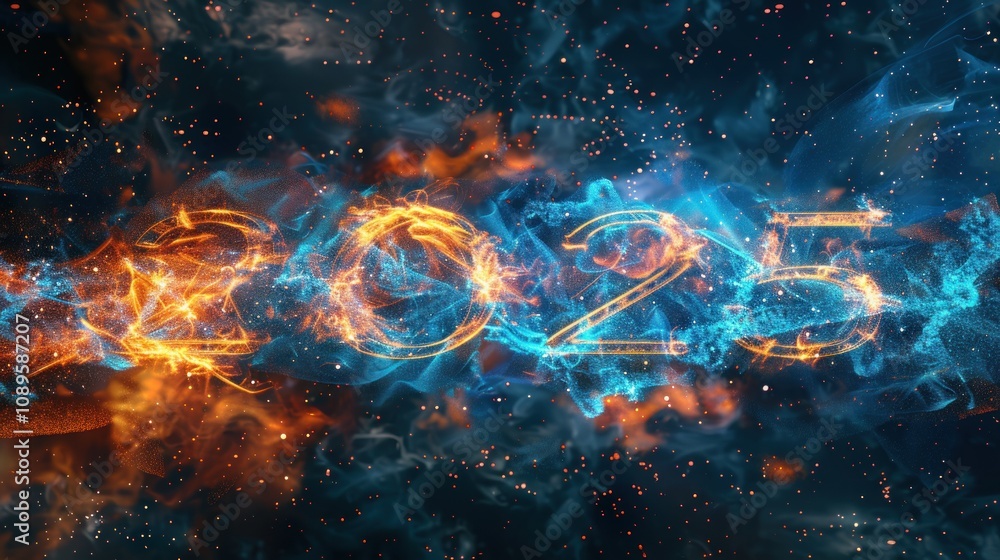 Poster the number 2025 is rendered in a fiery and electric style. the number is surrounded by swirling smok