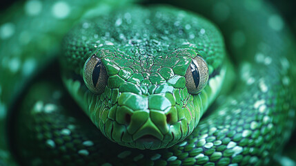 Fototapeta premium A close-up of a green snake with detailed scales and mesmerizing eyes. Its gaze is directed straight at the camera, which adds mystery and symbolism to the image. 