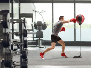 Man exercising with a free standing boxing bag