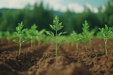 Row of vibrant orange carrots growing in a garden, they’re green tops emerging from rich, fertile soil, symbolising freshness, sustainability, and homegrown produce