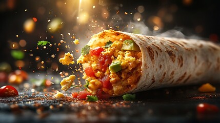 A dynamic explosion of a breakfast burrito, with ingredients like fluffy scrambled eggs, shredded cheese, fresh salsa, and avocado flying apart, tortilla wrap suspended mid-motion,