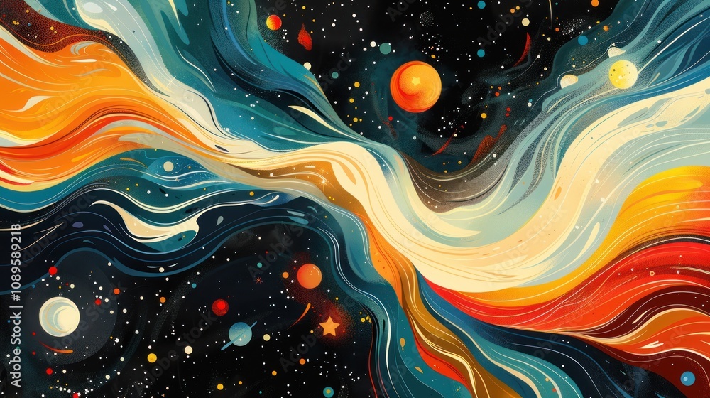 Poster abstract space background with colorful swirling lines and planets.