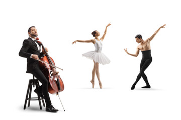 Ballet dancers performing and a male musician playing a cello © Ljupco Smokovski