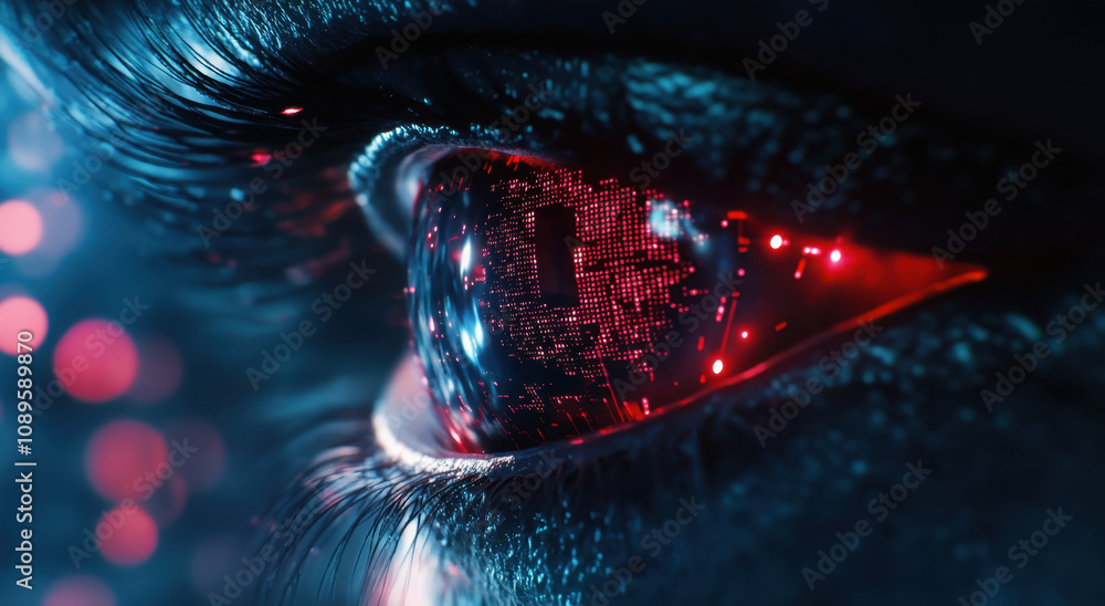 Poster a close-up of an eye with digital data flowing through it, symbolizing the integration of technologi