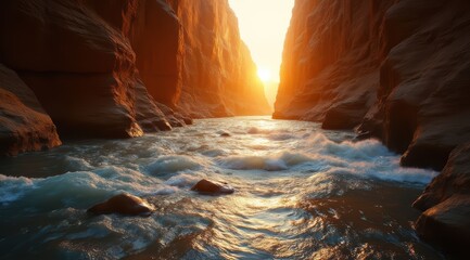 Sunset over narrow canyon river