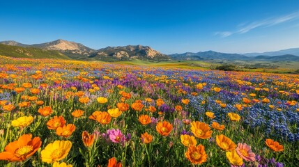 Fototapeta premium Vibrant Wildflower Meadow Against Majestic Mountain Range