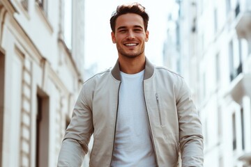 Obraz premium A man in a casual jacket walks down the street, going about his day