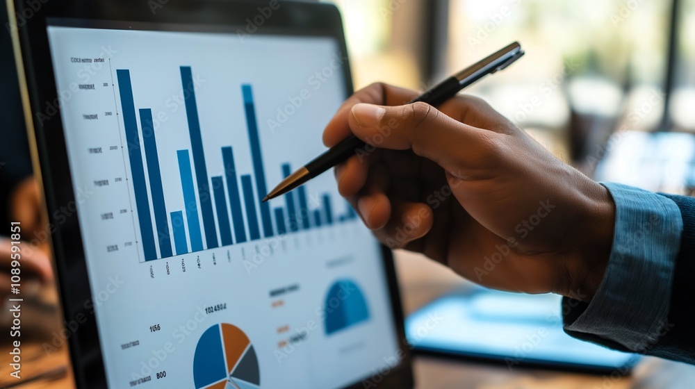 Poster a close-up shot of a hand meticulously pointing at a bar graph on a tablet screen, showcasing data a