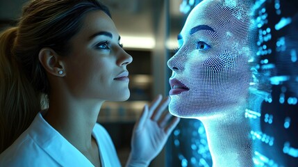 Woman surgeon doctor scientist interacting with glowing digital face in futuristic environment with bright blue tones, connection human and technology, for surgical cosmetology, high-tech content