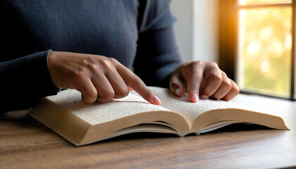 Braille book being read by an African American woman, representing universal accessibility.