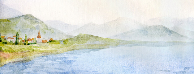 Watercolor illustration. City by the lake © Marina