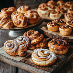 Fototapeta premium Assorted pastries and muffins displayed on a rustic wooden table