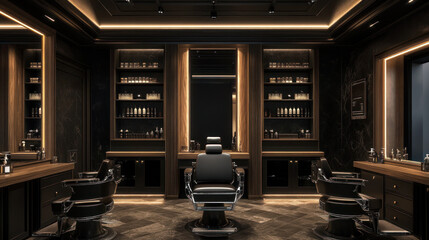 Modern barbershop interior with sleek design and chairs.
