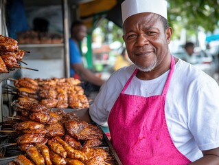 Vibrant Candid Capture of a Haitian Chef Skillfully Preparing Delicious Griot and Fried Po While Smiling Proudly at His Food Stall