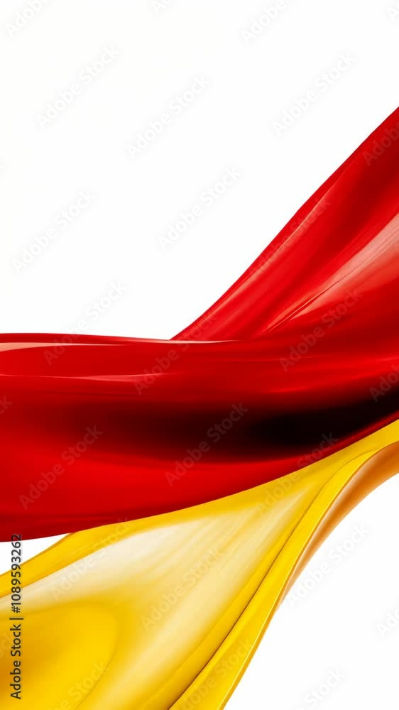 Poster red and yellow fabric flows dynamically against a white background