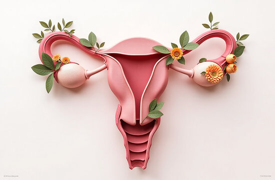 Female reproductive system uterus with flowers on white background. Gynecological concept