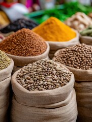 Fototapeta premium Vibrant Spice Stall at Indian Market Showcasing an Array of Colorful Spices in Tote Bags, Perfect for Culinary Enthusiasts and Cultural Exploration
