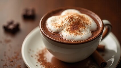 Obraz premium Close-up of a hot chocolate in a mug with marshmallows and cocoa powder on top. Warm, cozy, inviting beverage. Generative, AI,