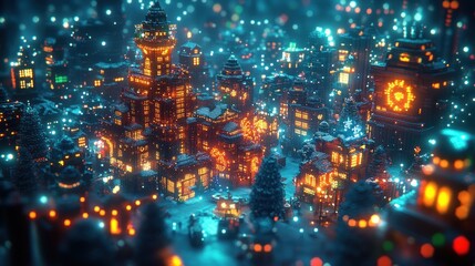 Festive voxel city at night, snow-covered buildings with warm lights.