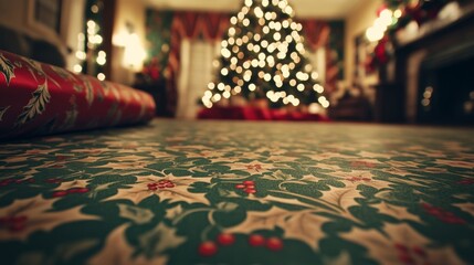 Festive Christmas Wrapping Paper and Blurred Tree