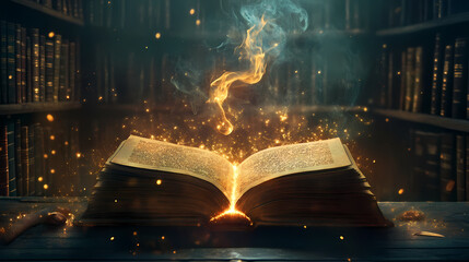 Mystical book of magic spells with sparks and smoke, creating an enchanting and ancient library setting, magic, spell. Enchanted Book Library. Illustration