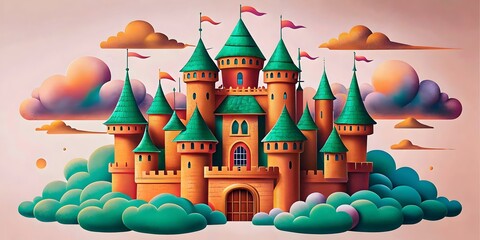 Fantasy Castle Surrounded Colorful Clouds Majestic Turrets Enchanting Landscape Vibrant Sky Dreamlike Atmosphere