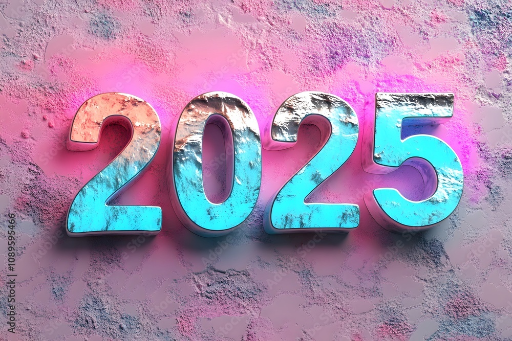 Aufkleber a shiny holographic representation of the year 2025 against a colorful backdrop. generative ai.