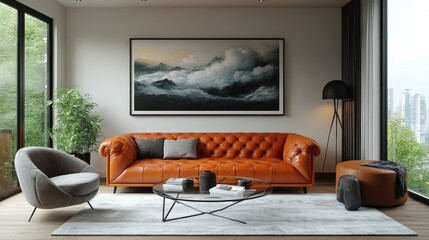 Here's a possible  and keyword list for your stock image.. Modern living room with orange leather sofa, mountain art, and city view.