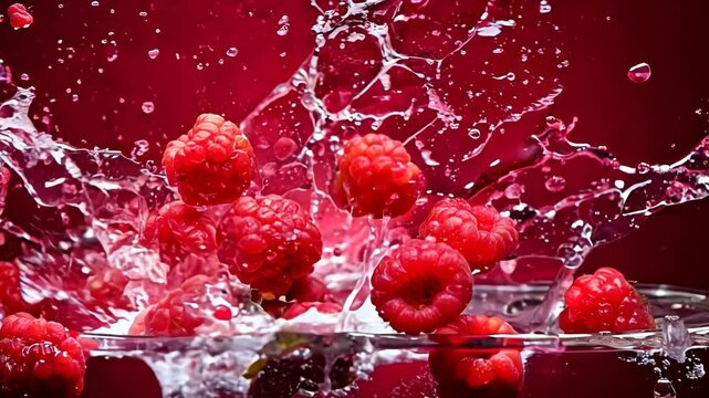 Falling down raspberry berries in a splashes of water on a pink background