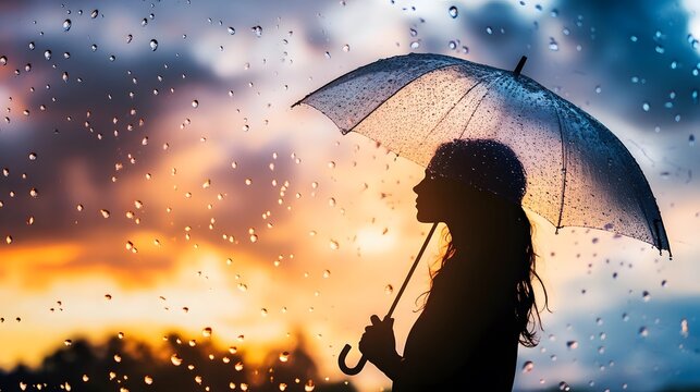 Beautiful silhouette of a woman holding a clear umbrella under raindrops against a colorful sunset sky, capturing the essence of tranquility and reflection in nature's beauty.