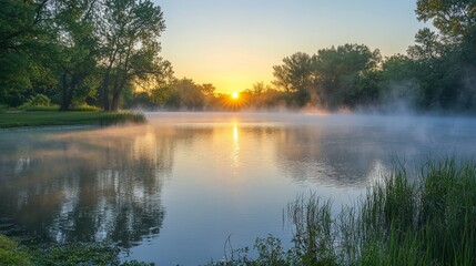 Fototapeta premium Serene Sunrise Over Misty Lake With Trees