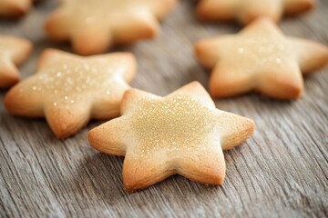 Golden star cookies on wooden background.