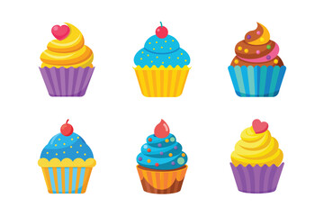Cupcakes Vector Clipart Set - Sweet Dessert Illustrations with Icing and Toppings, Cute and Colorful Baking Art