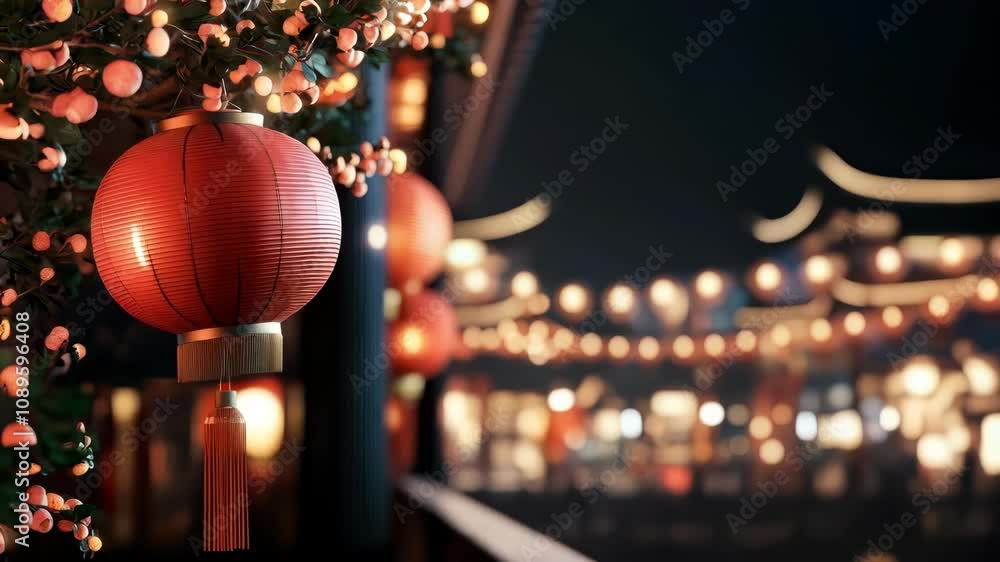 Poster chinese paper tetin flashlight with a flowering tree branch on a background with copy space. cherry 