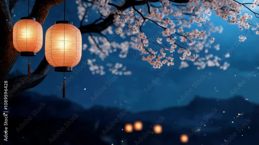 Aufkleber chinese paper tetin flashlight with a flowering tree branch on a background with copy space. cherry 