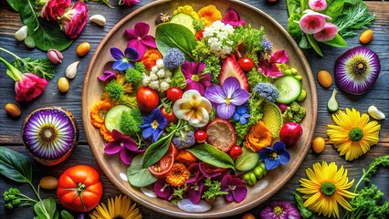 Experience exquisite vegan dishes adorned with edible flowers, captured with panoramic photography.