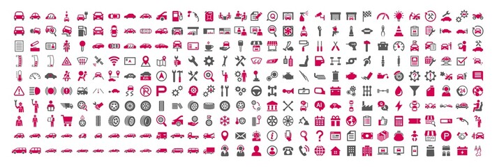 Car, garage, tool, auto service related icon set