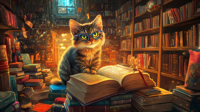 A whimsical feline in spectacles peruses a book amidst a vibrant collection of novels in a charming old library. Enchanted Book Library. Illustration
