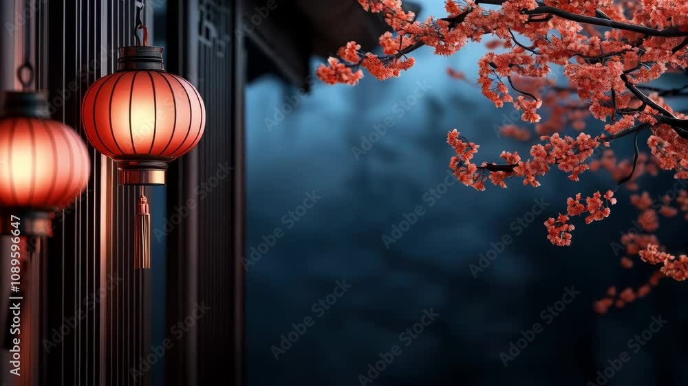 Aufkleber chinese paper tetin flashlight with a flowering tree branch on a background with copy space. cherry 